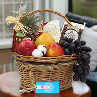 Exquisite Fruit and Chocolate Basket, Pineapple, Grapefruits, Apples, Grapes, Gourmet Chocolates, Wooden Basket