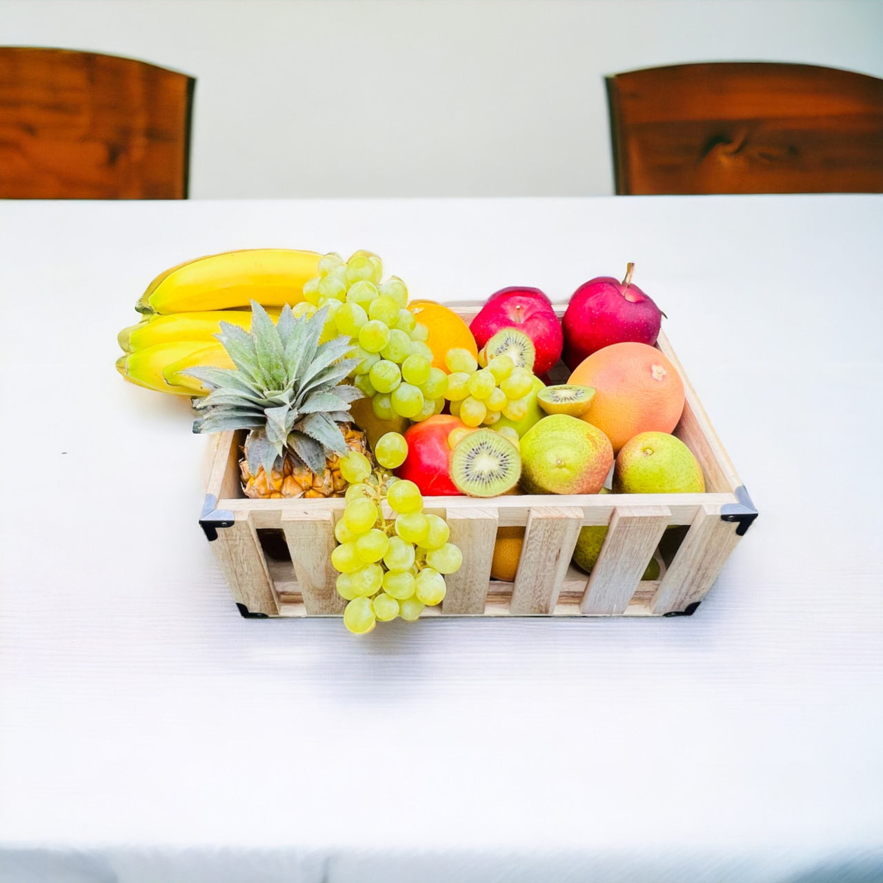 Fresh Harvest Fruit Crate: Pineapple, Bananas, Oranges, Red Apples, Pears, Grapefruits, and Grapes
