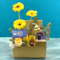 Sunny Surprise Ramadan Collection, Floral Box Arrangement, Yellow Gerbera, Rose Creme, Hydrangea, Cymbidium, Eucalyptus, Ramadan Gift, Brown Box