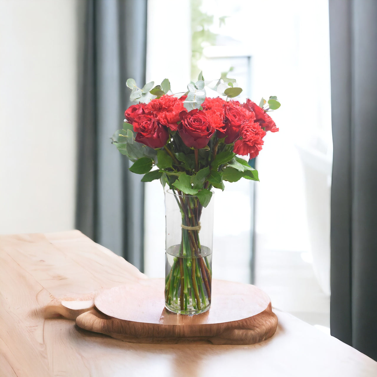 Red Promise, Classic Red Rose, Carnation Bouquet, Cylinder Vase, Eucalyptus