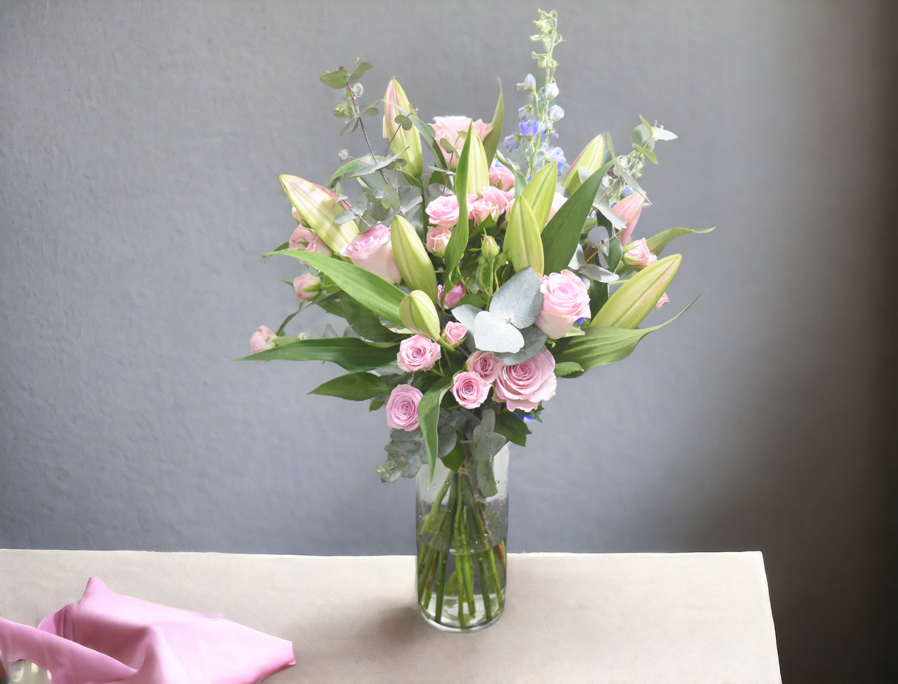 Pinky Garden, Classic Pink Lily, Rose Vase Bouquet, Eucalyptus Accents, Spray Rose, Rose Pink, Delphinium, Cylinder Vase