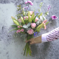 Garden Pink, Pink Lily, Rose, Hand-Tied Arrangement, Eucalyptus Foliage