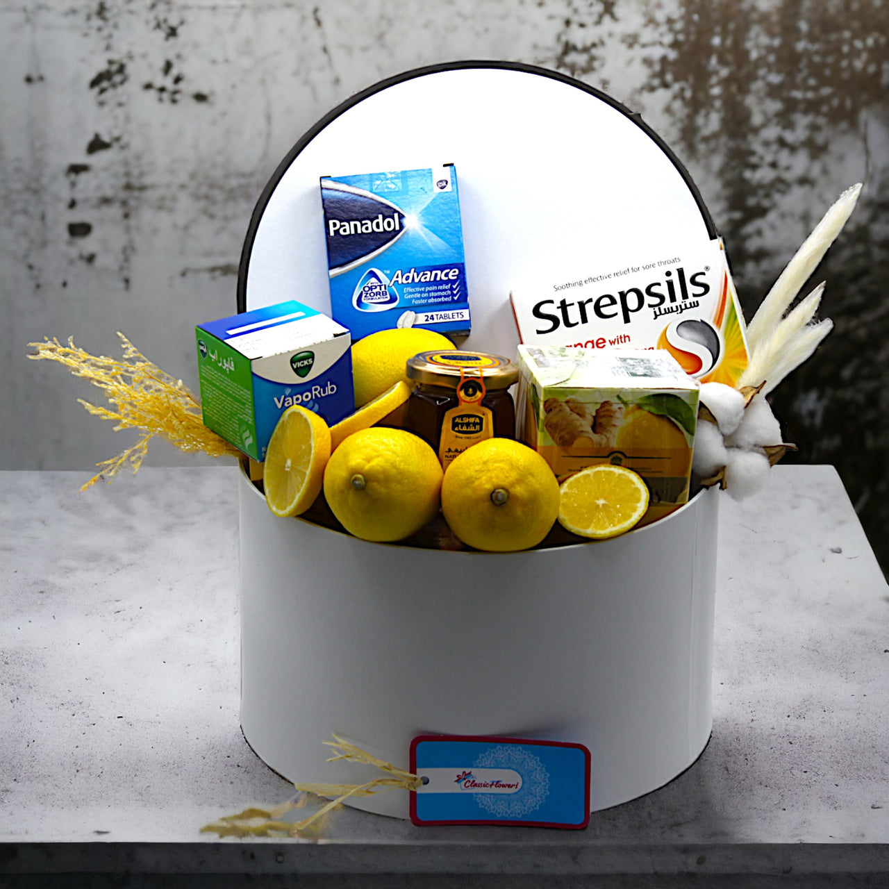 Get Well Soon Winter Wellness Essentials, Strepsil, Panadol, Honey, Vicks Vaporub, Ginger and Lemon Tea, Round Box