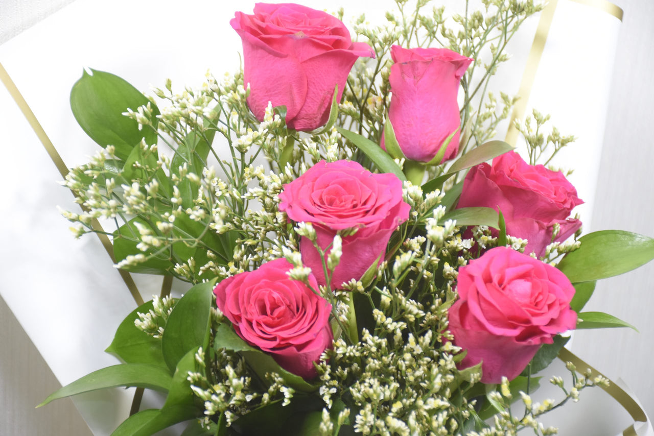 Dark Pink Roses with Limonium & Ruscus