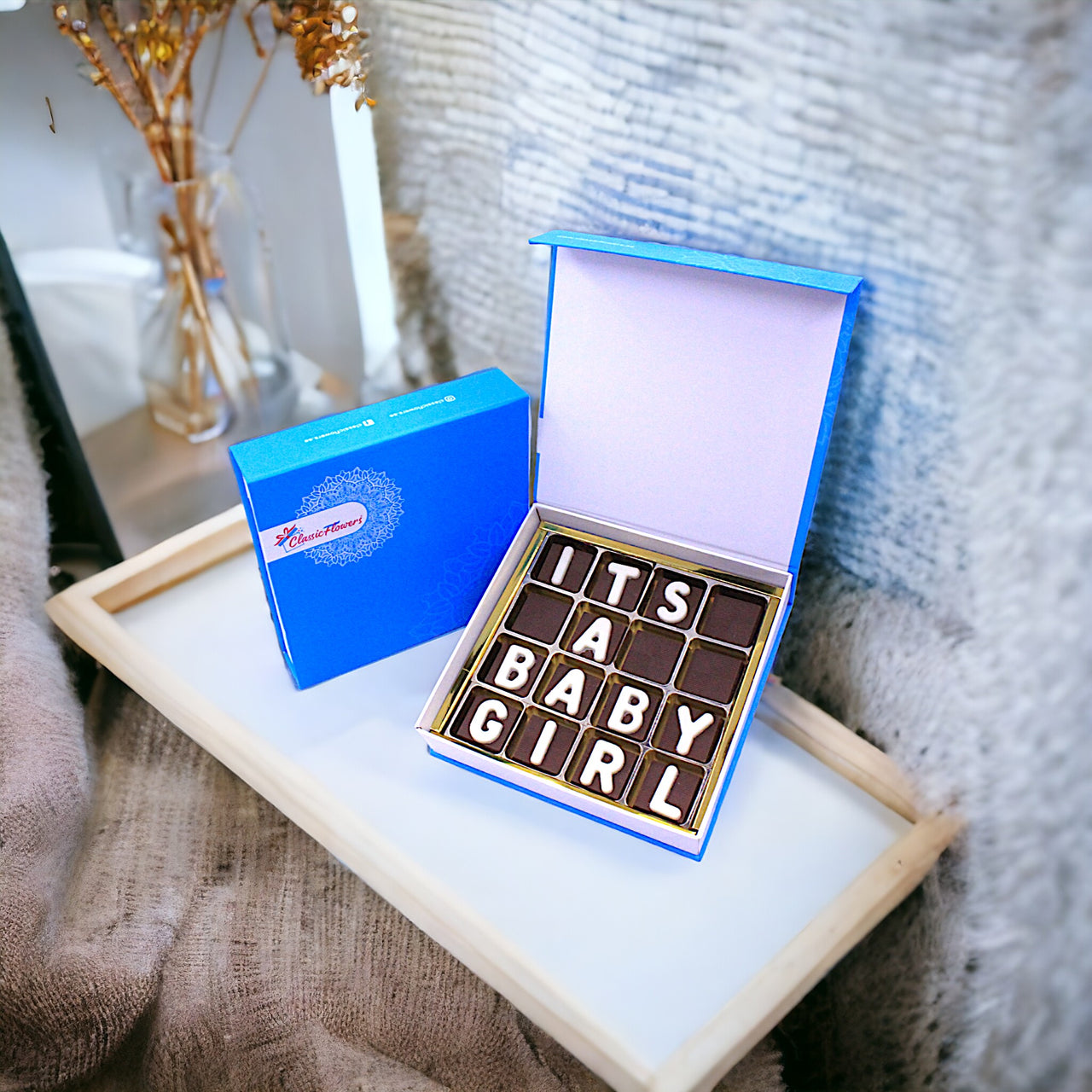 It’s a Baby Girl Chocolate, Customized Chocolate Box, Plain Milk Chocolate, White Chocolate Letters, 250g