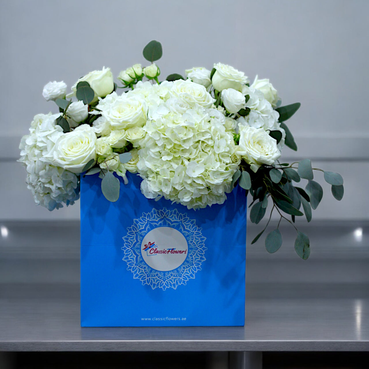 “White Hydrangea and Rose Bouquet with Eucalyptus – Classic Flowers Dubai”