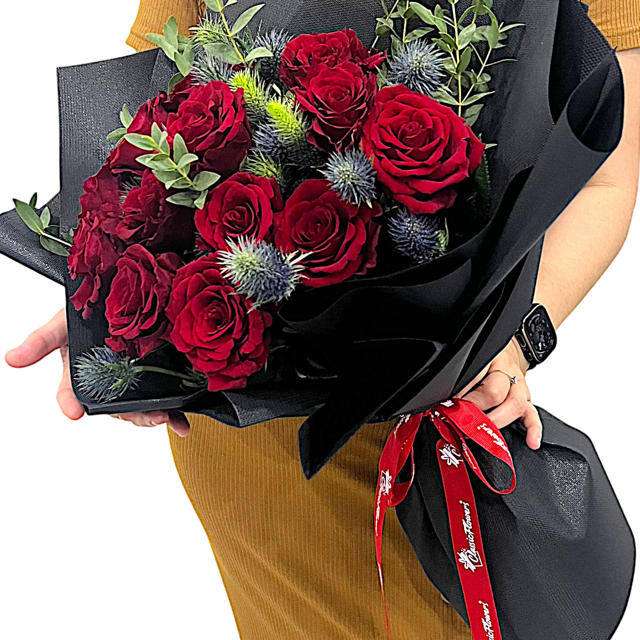 Bouquet of Red Roses with Eryngium