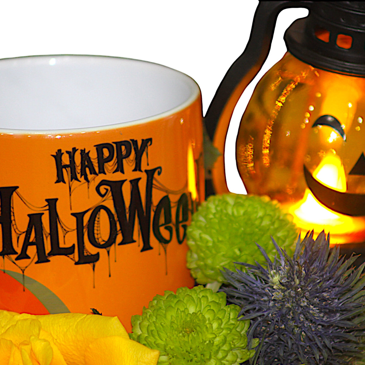Halloween Pumpkin Basket with Orange Roses, Chrysanthemums & Festive Decor