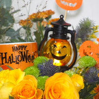 Halloween Pumpkin Basket with Orange Roses, Chrysanthemums & Festive Decor
