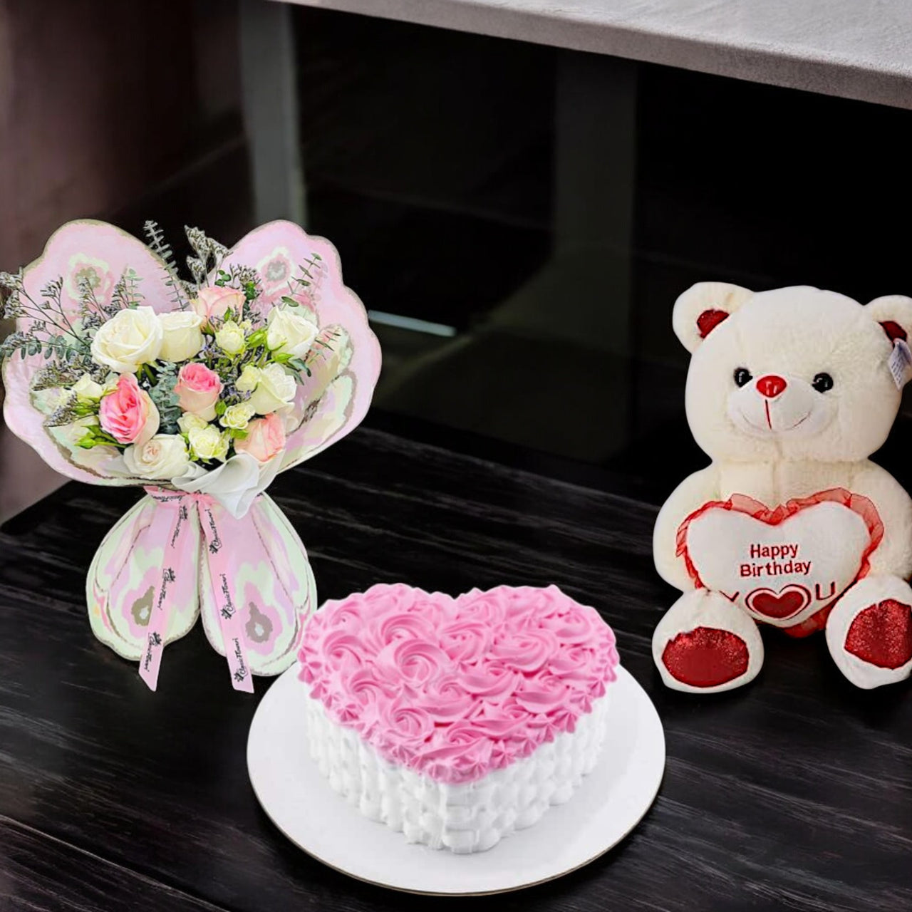 Heart Cake with Teddy & Roses