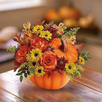 Halloween Pumpkin Arrangement with Orange Roses
