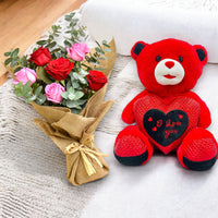 Red and Pink Roses with Teddy Bear