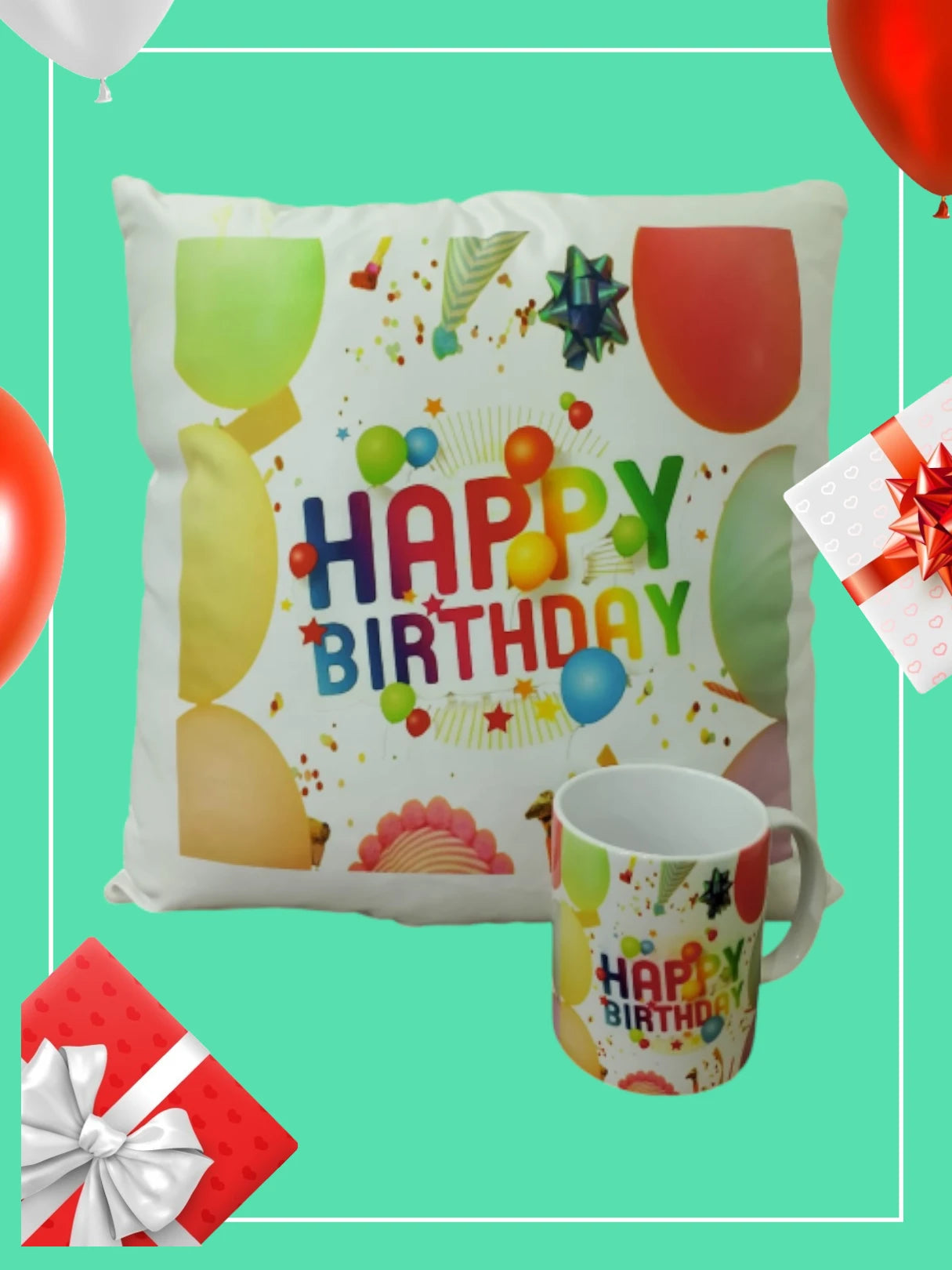 Happy Birthday, Personalized Cushion, Mug Set, Custom Name, Gift Combo