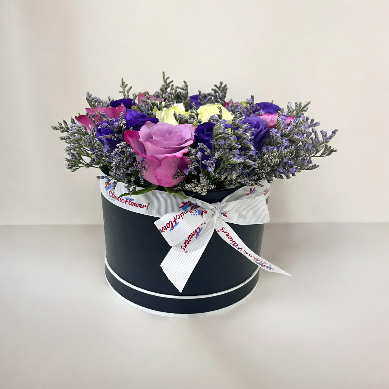 Purple Rose & Lisianthus Bouquet in Black Box