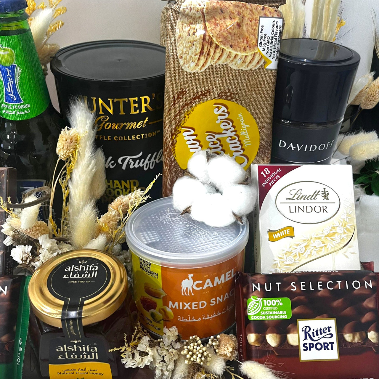 Premium Snack and Treats Tray, Davidoff Espresso, Hunters Snacks, Ritter Chocolates, Lindt Chocolates, Wooden Tray