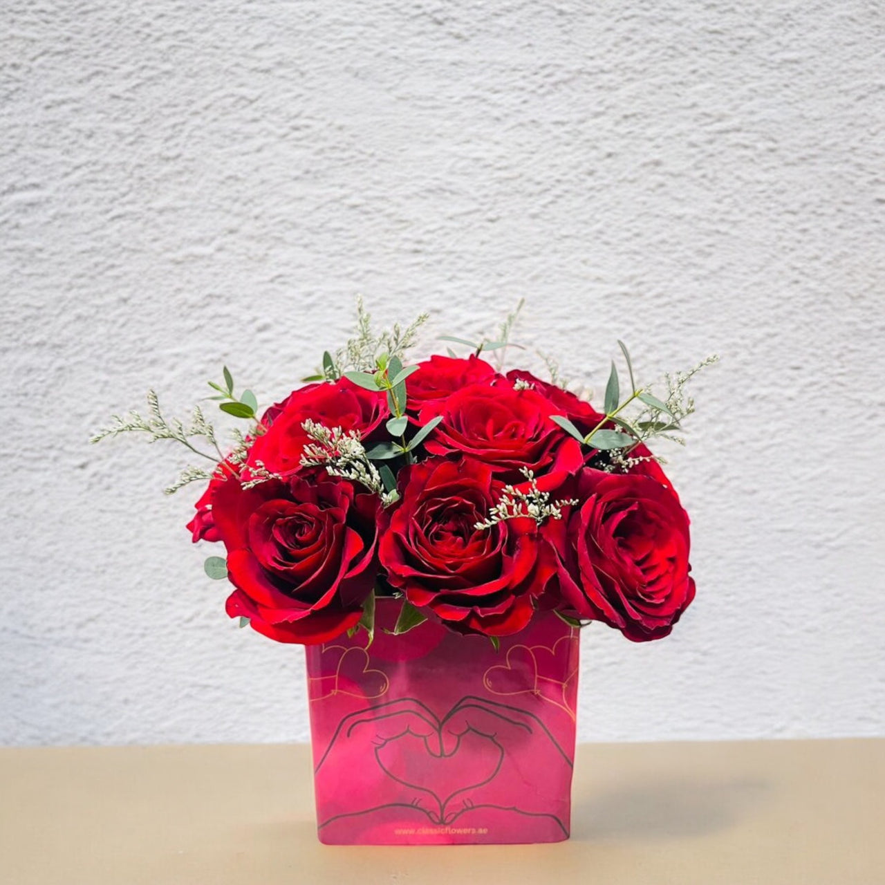 Red Roses & Limonium in Glass Vase