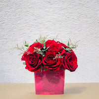 Red Roses & Limonium in Glass Vase