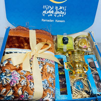 Ramadan Kareem Gift Basket with Prayer Mat, Nuts, Dates and Bakhor