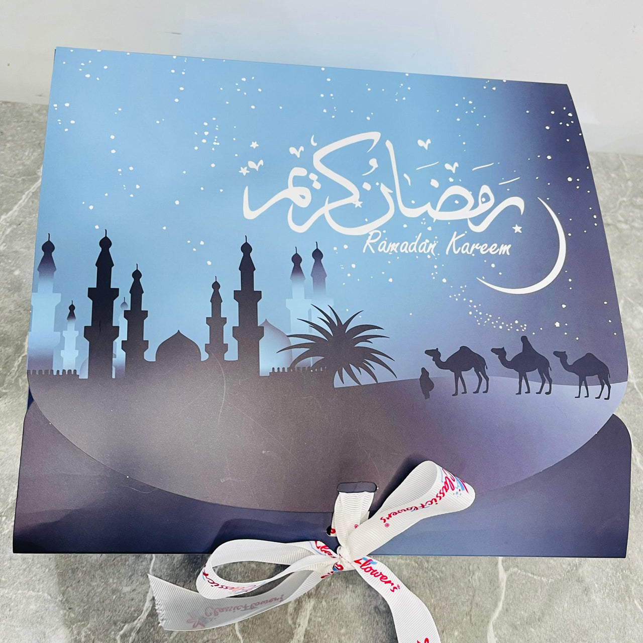 Ramadan Kareem Gift Basket with Prayer Mat, Nuts, Dates and Bakhor