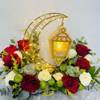 Elegant Floral Tray with Red Roses, LED Crescent Moon & Lush Greenery – Ramadan Decor