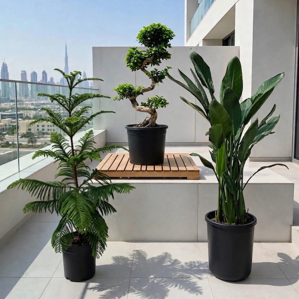Modern Terrace Plant Bundle - Ornamental Plants | Araucaria + Ficus Bonsai + Strelitzia