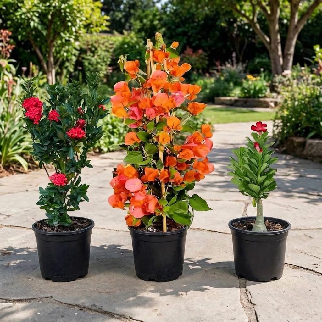 Outdoor Flowering Trio - Ixora, Bougainvillea & Desert Rose Adenium - Sun Loving Blooms