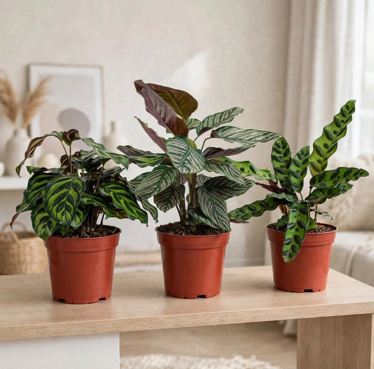 The Calathea Collection –  Makoyana + Sanderiana + Rattlesnake-20-30cm | 3 Rare Patterned Foliage