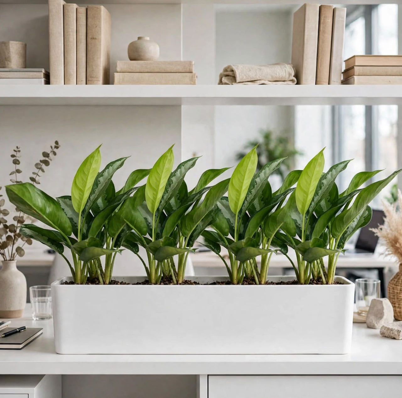 Aglaonema Bundle – 4 Chinese Evergreen Plant GRP Trough 90x30x30cm – 4-in-1 Low Light Indoor Plants Dubai