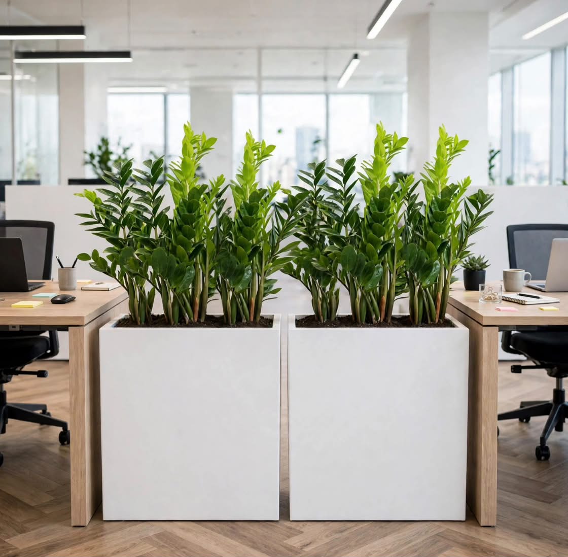 ZZ Plant Office Divider - 4 Plants in Tall White GRP Pot - Instant Privacy Partition