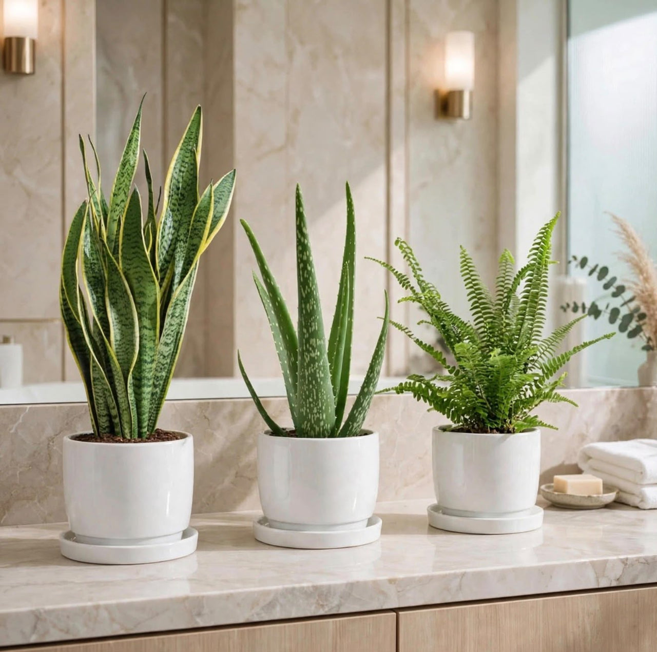 No-Fuss Bathroom Green Pack — Snake Plant + Aloe Vera + Boston Fern - 25-30cm