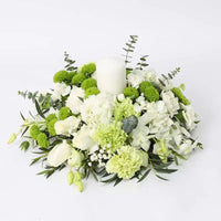 Banquet Elegance, White Carnation Floral Table Arrangement, Hydrangea, White Roses, Green Carnations, White Orchids, Green Button Chrysanthemums, Parvifolia, Eucalyptus, Gypso, White Candle, Plastic Tray, Centertable Arrangement
