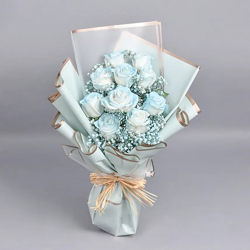 Beauty of Blue and Roses, Bouquet, Elegance, Light Blue Painted Roses, Gypso Filler