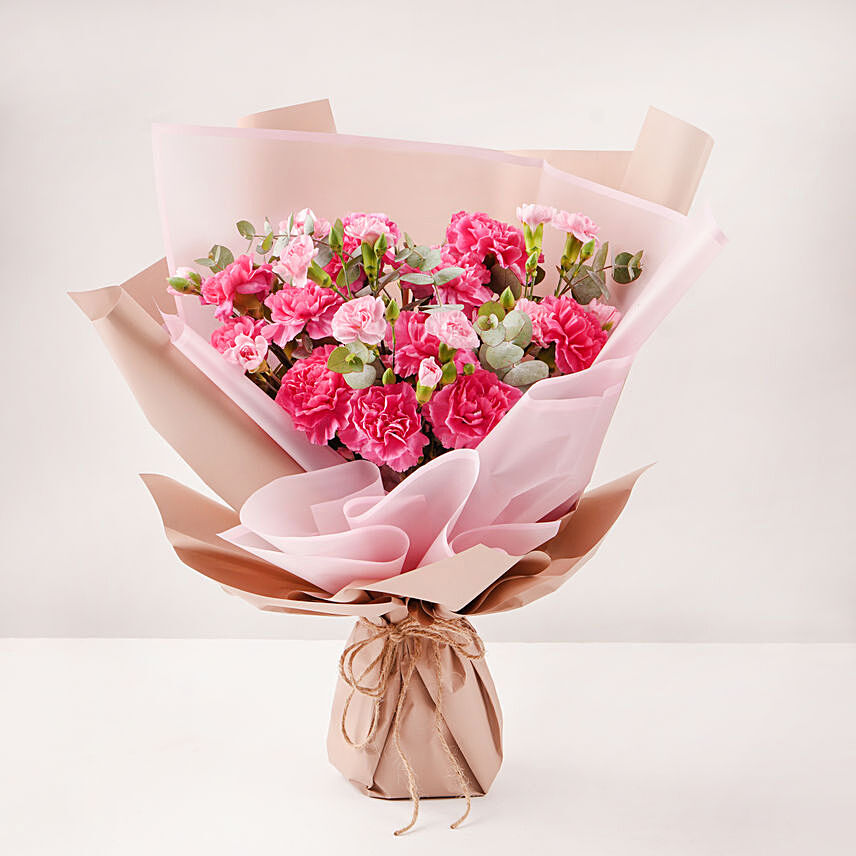 Birthday Wish Carnations Bouquet, Dark Pink Carnations, Light Pink Spray Carnations, Eucalyptus, Beautifully Wrapped