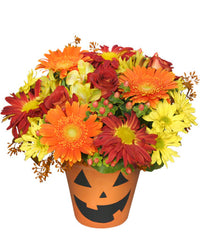 Halloween Flower Arrangement in Pumpkin Basket