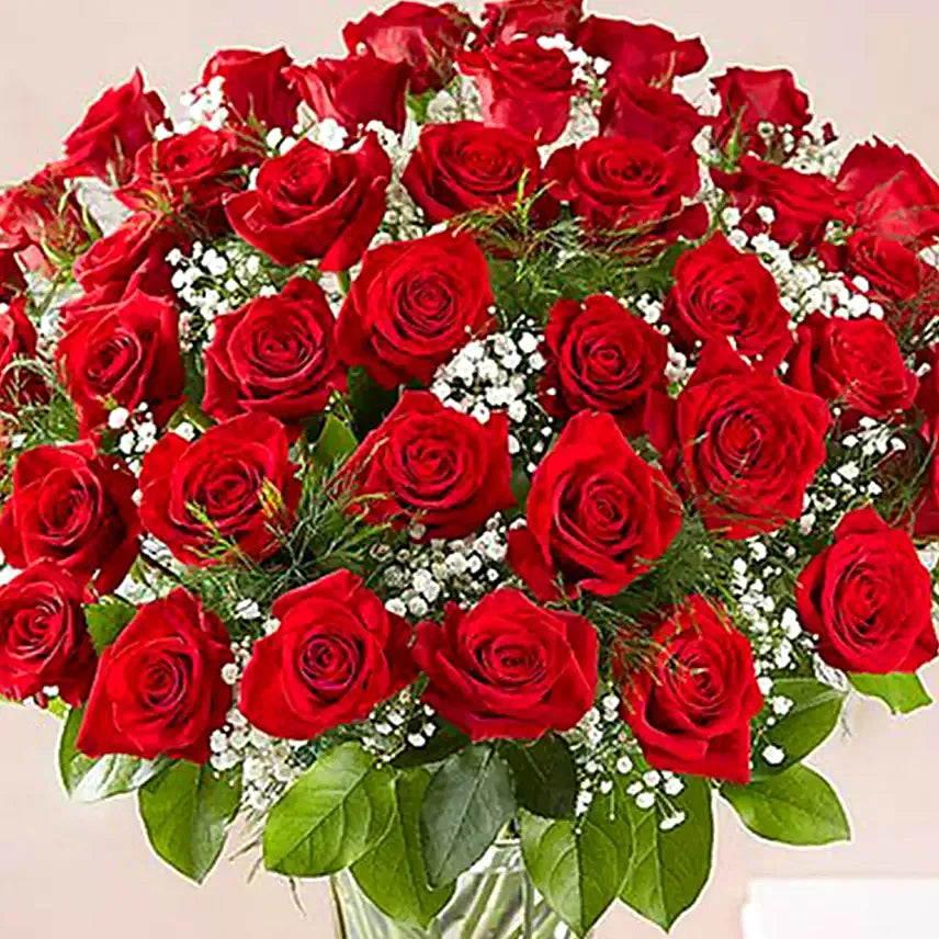 50 Red Roses in Vase