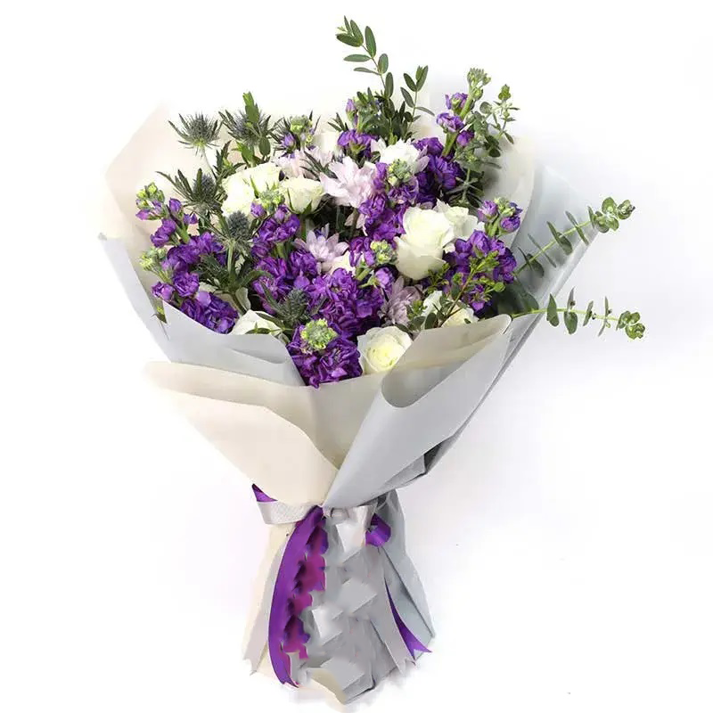 Character Bouquet, Purple Stock Flowers, White Roses, Pink Chrysanthemums, Eryngium
