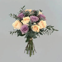 Peach Roses, Purple Roses, Charming Floral Ensemble, Hand-Tied Bouquet,eucalyptus leaves