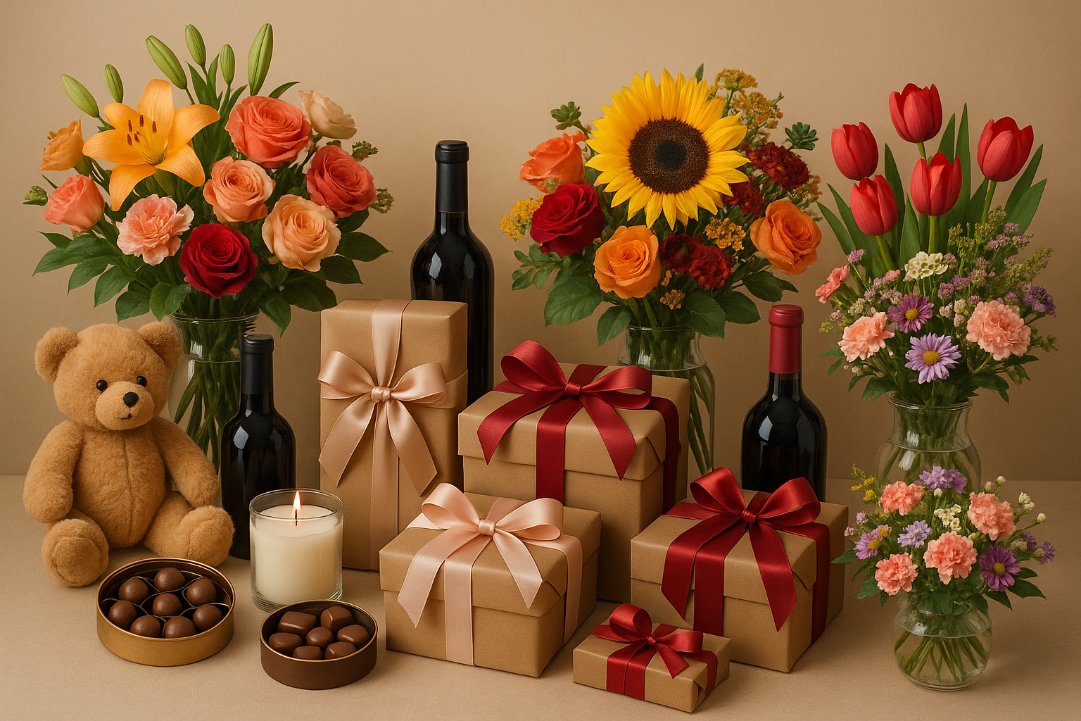 Different gifts in one pictures with differnt flowers bouquet