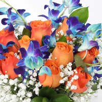 Orange Roses & Blue Orchids in fish Bowl