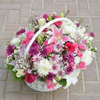 Flower Garden, Pink Roses, White Roses, Oriental Lilies, Spray Roses, Chrysanthemums, Handle Basket