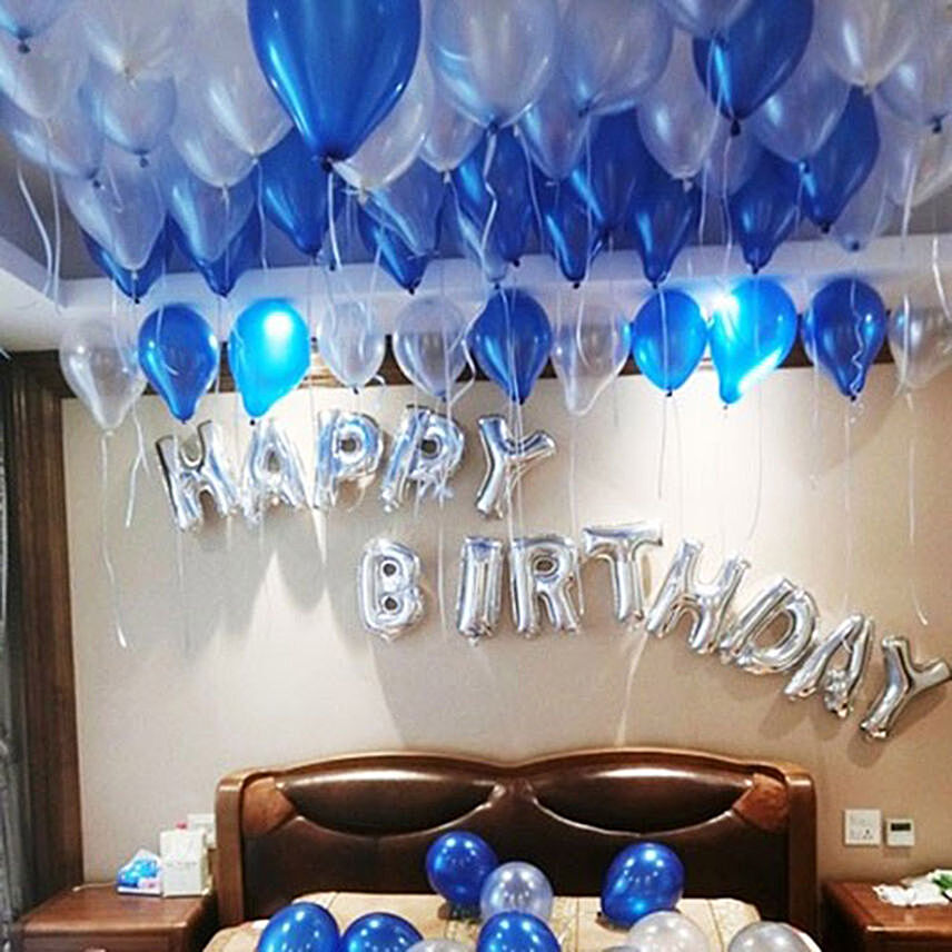 Happy Birthday Balloon Decor, Blue and Silver Helium Balloons, Air Filled Balloons