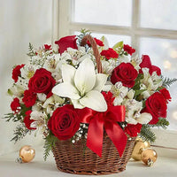 Joyful Red and White, Red Roses, White Oriental Lily, White Alstroemeria, Handle Basket, Red Ribbon