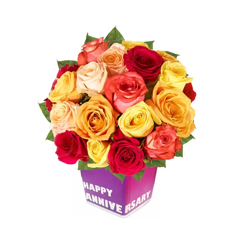 Perfect Lover Mix Roses, Anniversary Vase Elegance, 30 Multi-color Roses, Ruscus Leaves, Square Glass Vase