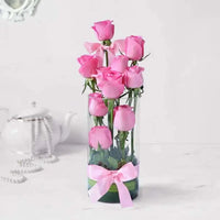 Pink Roses Cascade, Steps of Beauty, Vase, Pink Roses, Green Leaves, Ribbon Bow