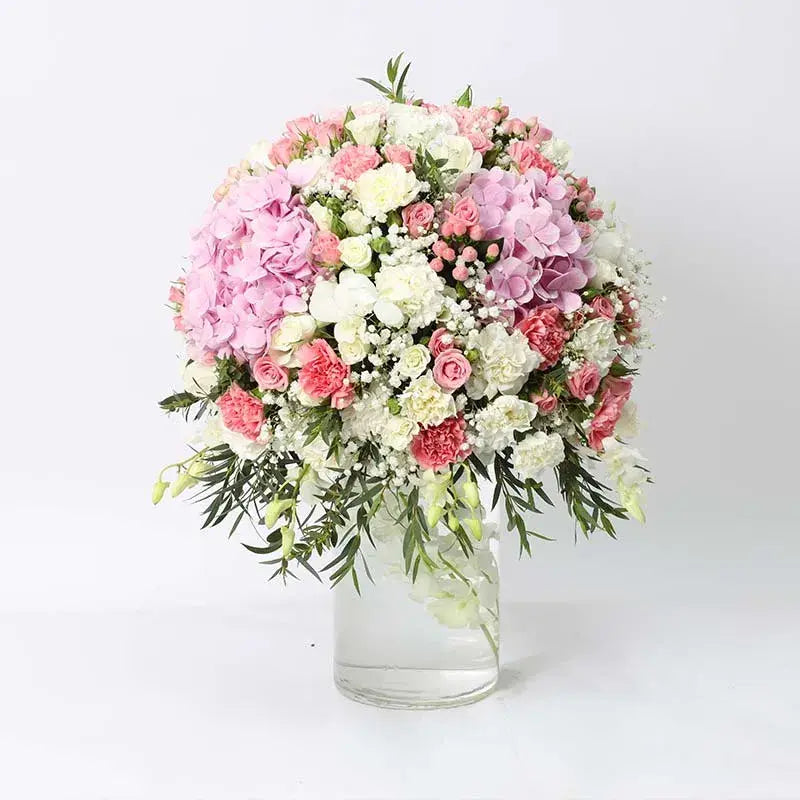 Pretty Lady Floral Arrangement, Tall and Graceful, Hydrangeas, Carnations, Roses, Orchids, Hypericum, Cylinder Glass Vase