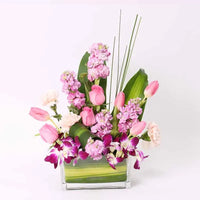 Pretty Lady, Elegance, Vase Arrangement, Pink Roses, Pink Tulips, Pink Matthiola, Pink Carnations, Purple Orchids