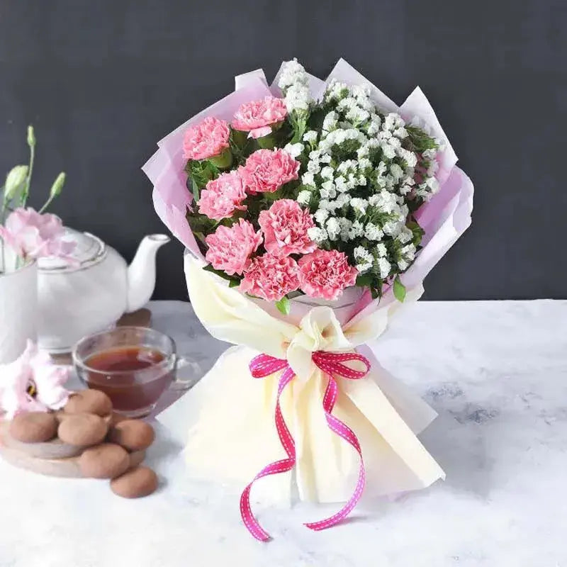 Pretty Pink Carnations Bouquet, Pink Carnations, White Statice, Contrast Wrap, Ribbon Bow