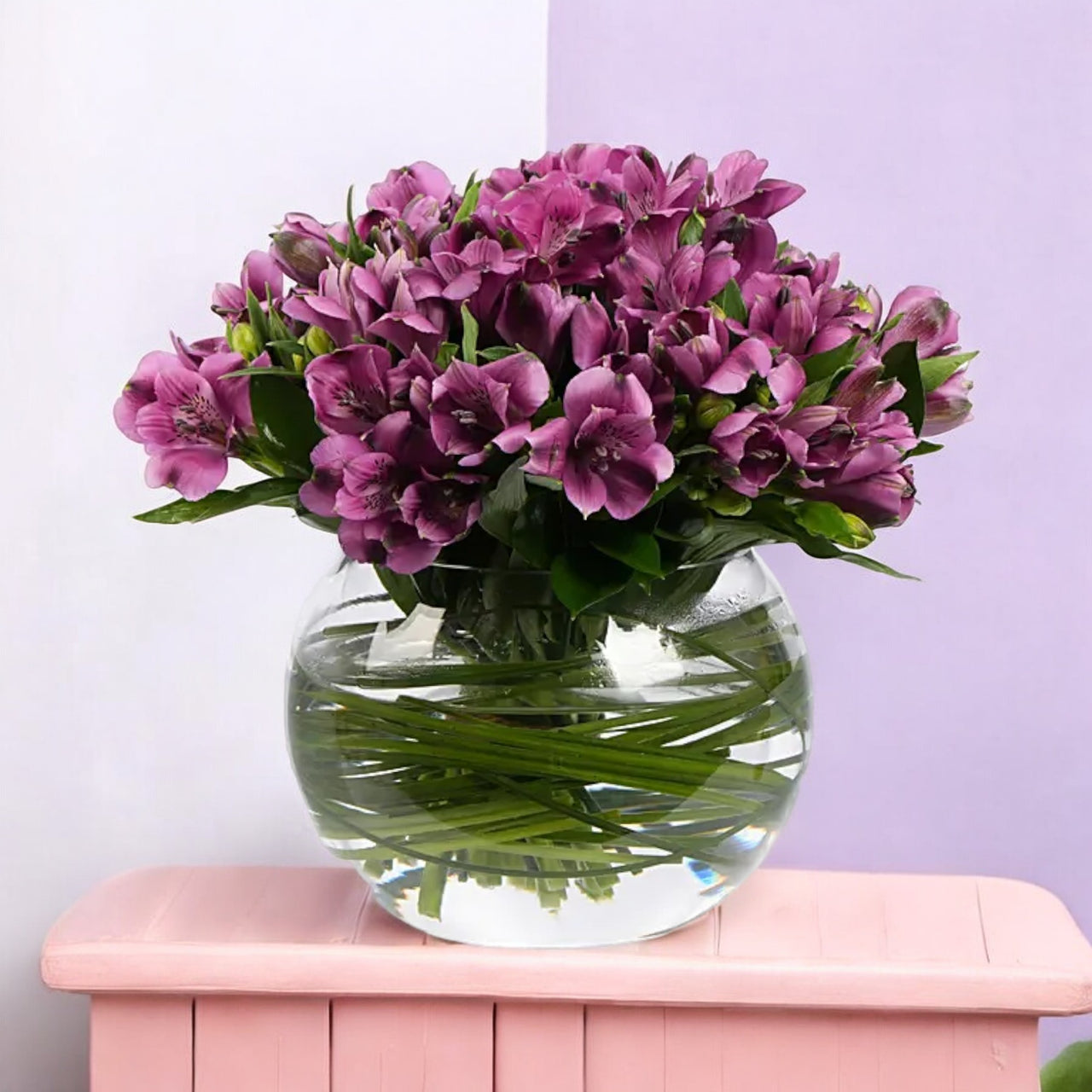 Purple Alstroemeria in Glass Bowl
