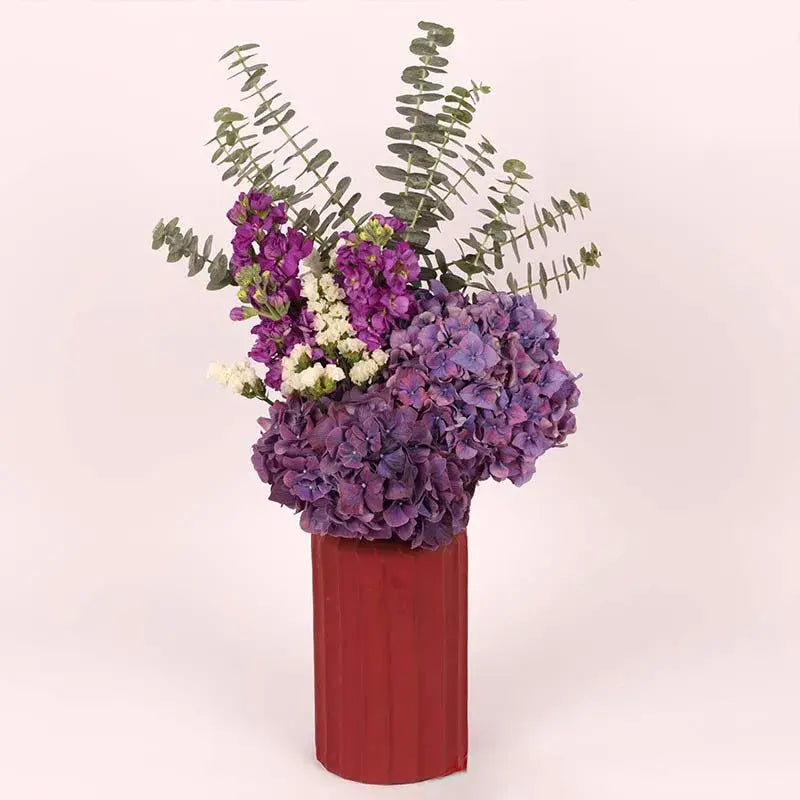 Purple Radiance, Premium Display, Ceramic Glass Vase, Hydrangeas, Matthiola, Statice, Eucalyptus