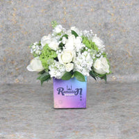 Ramadan Kareem, Flower Arrangement, White Roses, Green Hydrangea, Matthiola, Spray Roses, Baby's Breath, Green Ruscus, Square Glass Vase, Floral Foam